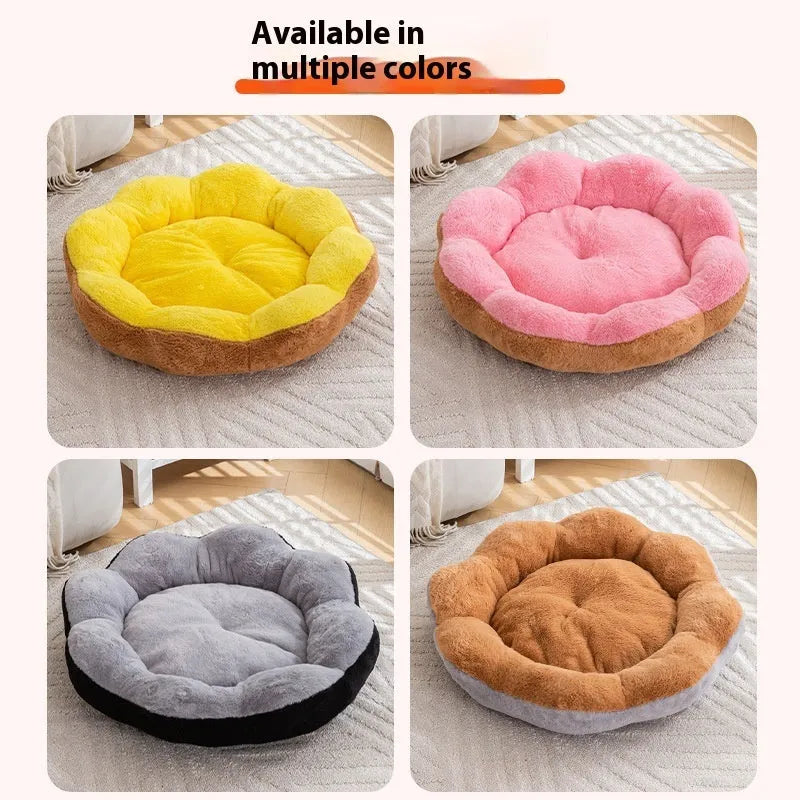 Round cat pet bed with thick rabbit plush material in yellow brown colour showing detachable design