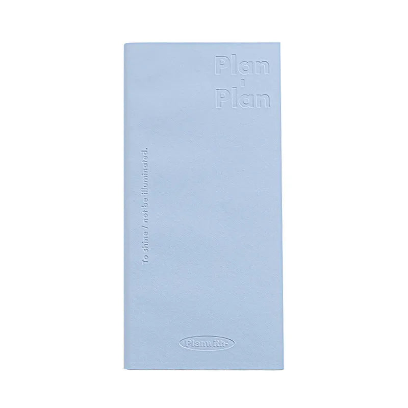 Embossed simple visual daily meter book notebook open, showing white 100g paper, available in blue, grey, purple, white, and protective cover colours.