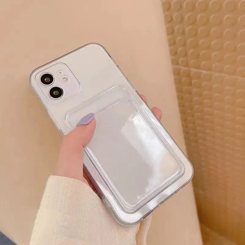 Clear transparent PVC phone case for iPhone with a visible card slot on the back.