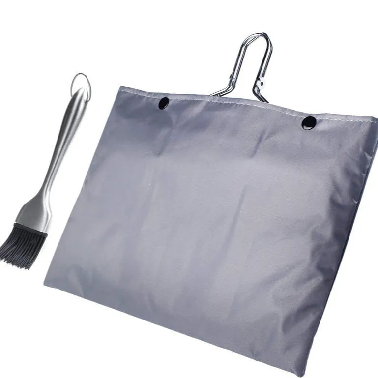 Square stainless steel barbecue mesh basket with folding handle and cleaning brush for outdoor grilling