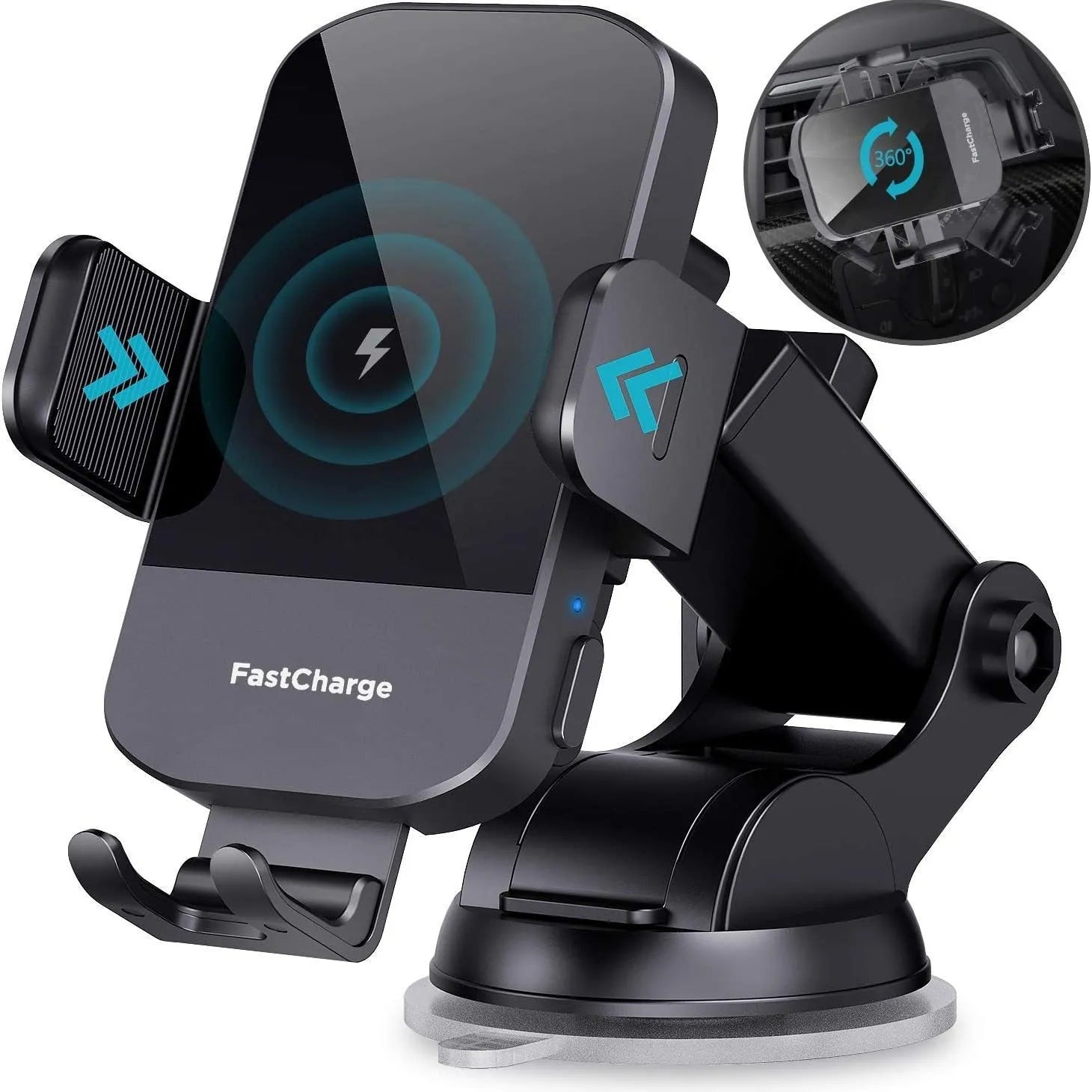 Black bare metal 15W fast wireless car charging stand on a dashboard with air vent clip.