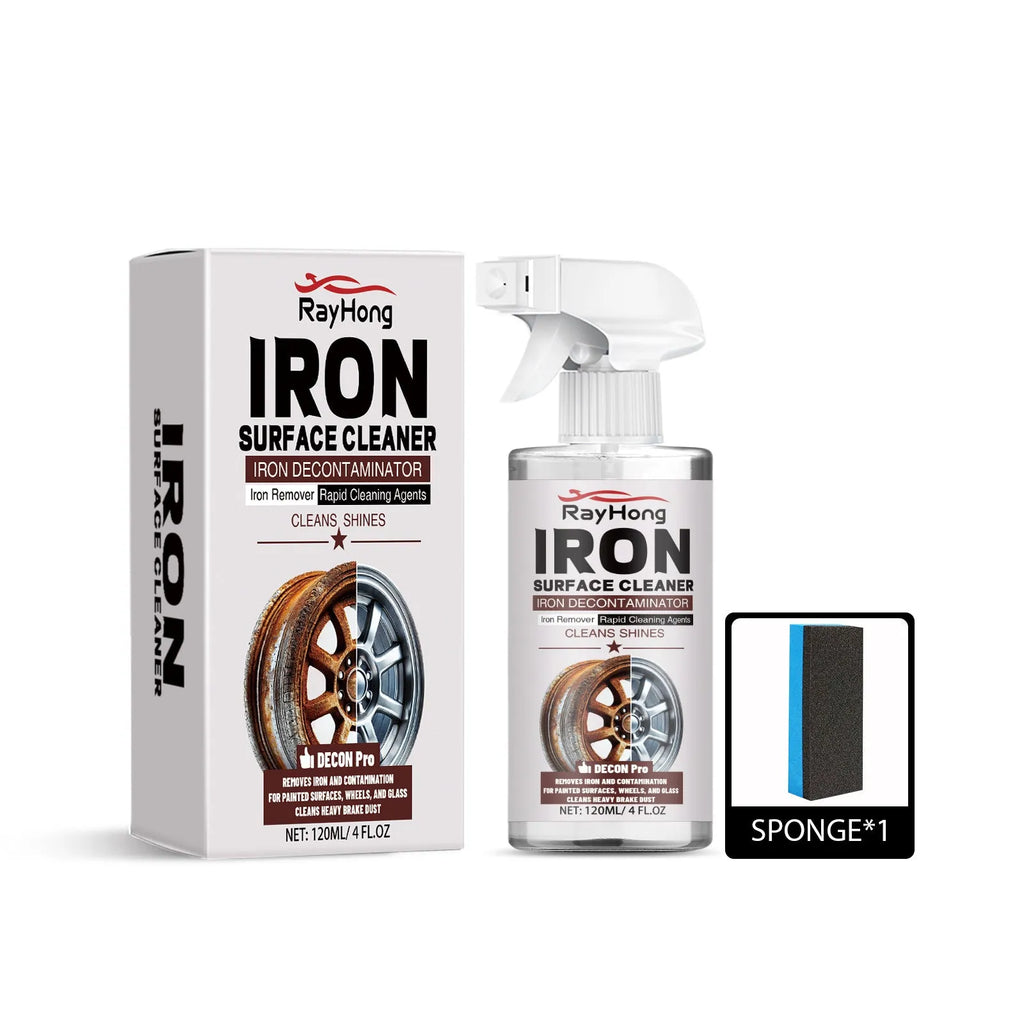 Car wheel hub rust removing cleanser 120ml bottle with sponge mop on a white background