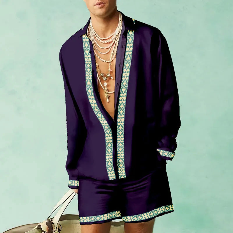 Men's slim fit long sleeve shirt and matching shorts casual summer set on a hanger.