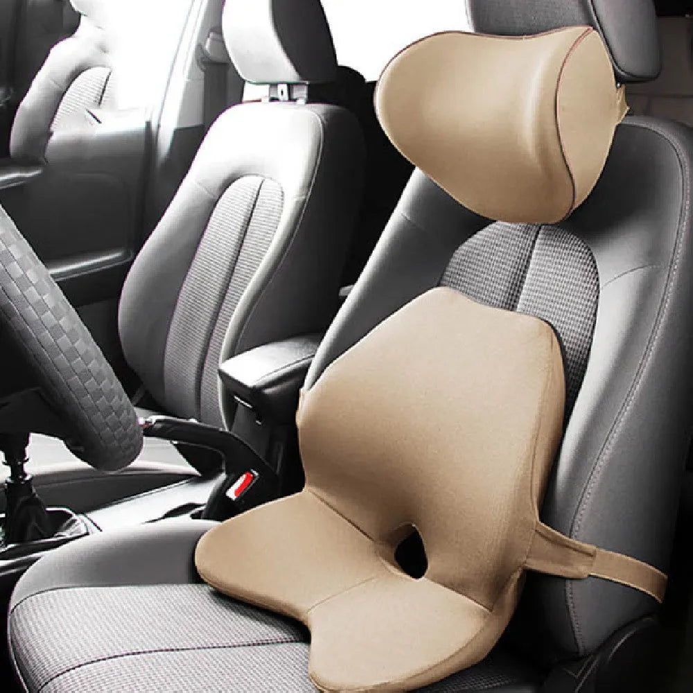 Memory cotton car waist pad and matching headrest for driver seat lumbar support in neutral colour options