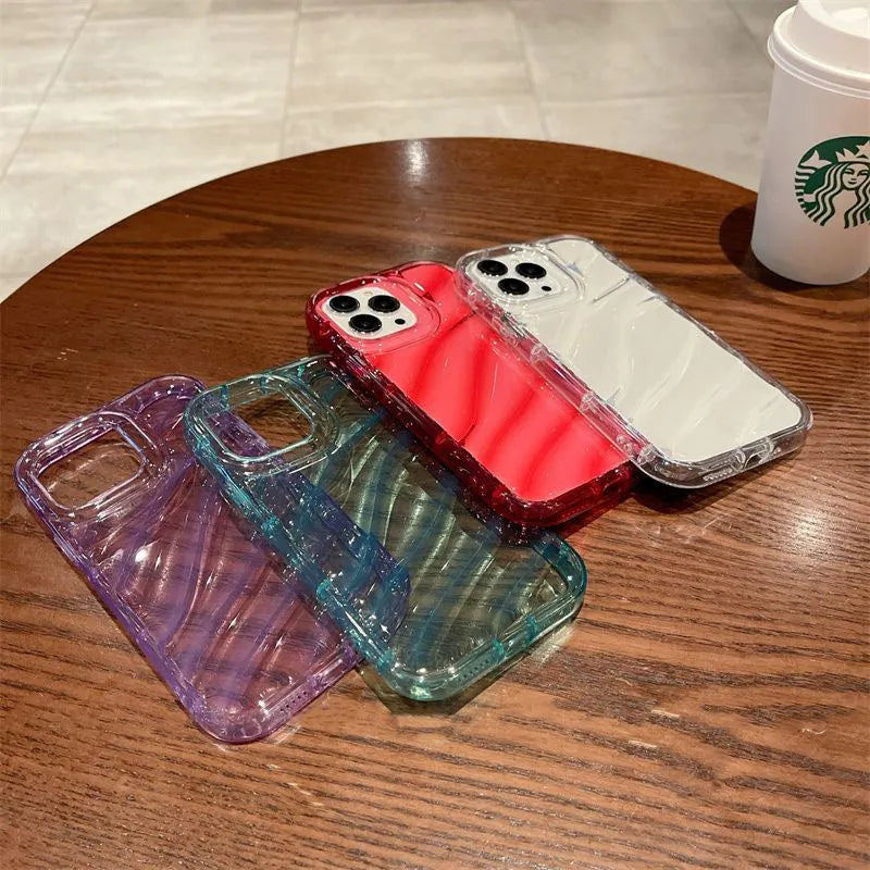Transparent silicone phone case with embossed texture for iPhone, shown in clear finish