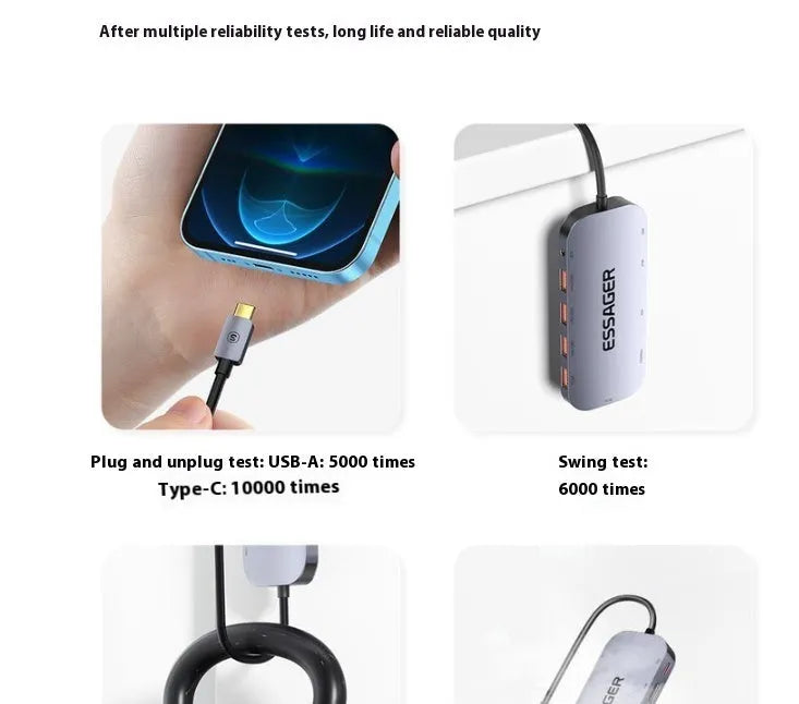11-in-1 Type-C expansion docking station with Gigabit Ethernet port and a 20cm attached cable.