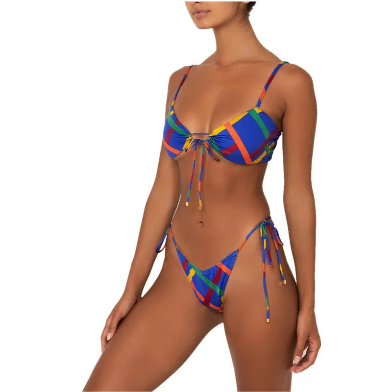 Nylon shiny bikini set with drawstring, solid colour, high elasticity, women European American style swimsuit