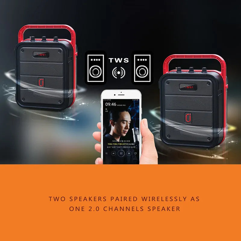 MS62AI portable Bluetooth speaker with wireless microphone showing plastic casing and control buttons