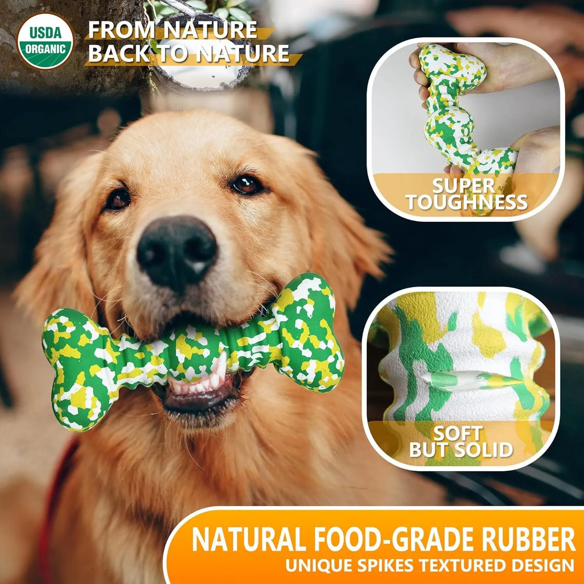 Dog chew toy made of natural rubber and bamboo fibre with unique camouflage pattern, available in S and L sizes.