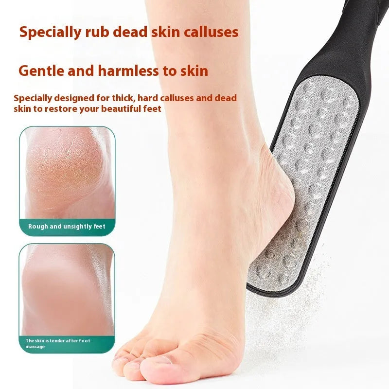 Double-sided stainless steel foot grinder with white and black sandpaper surfaces for callus removal