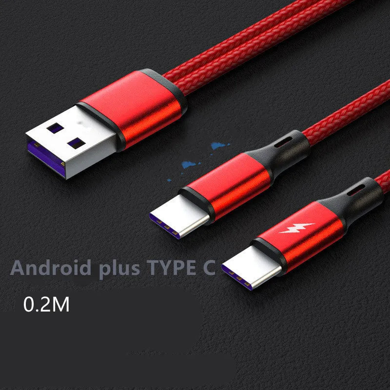 Black braided fast charging cable with dual Android heads for simultaneous device charging