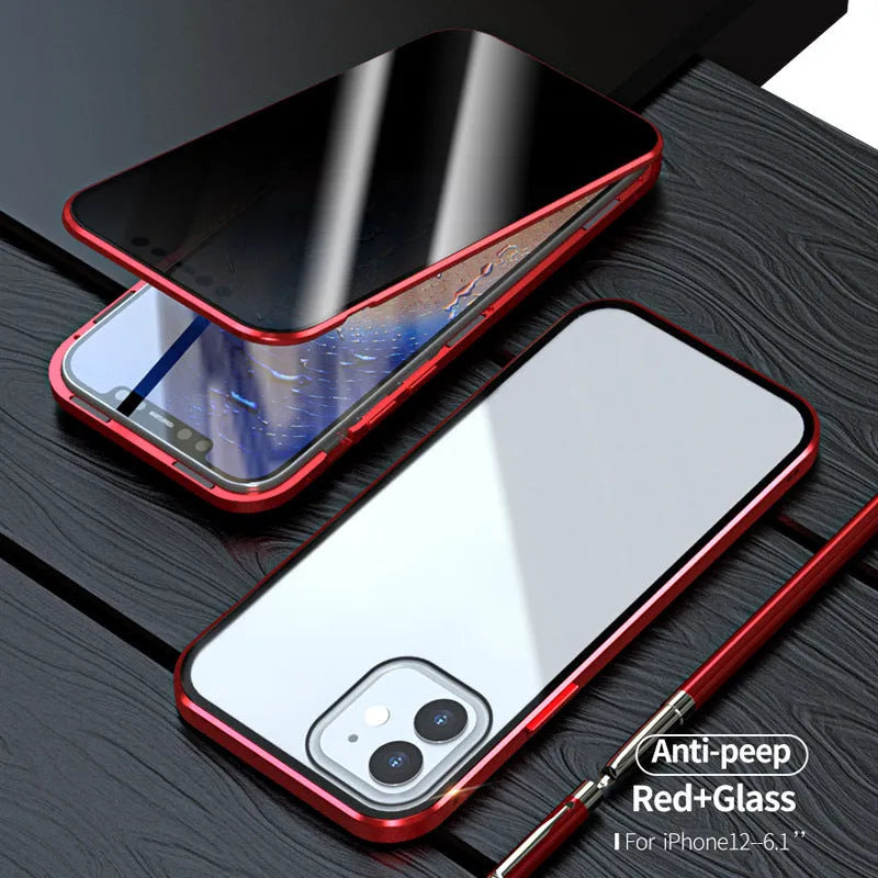 Magnetic privacy glass iPhone case with anti-spy tempered glass screen and metal frame