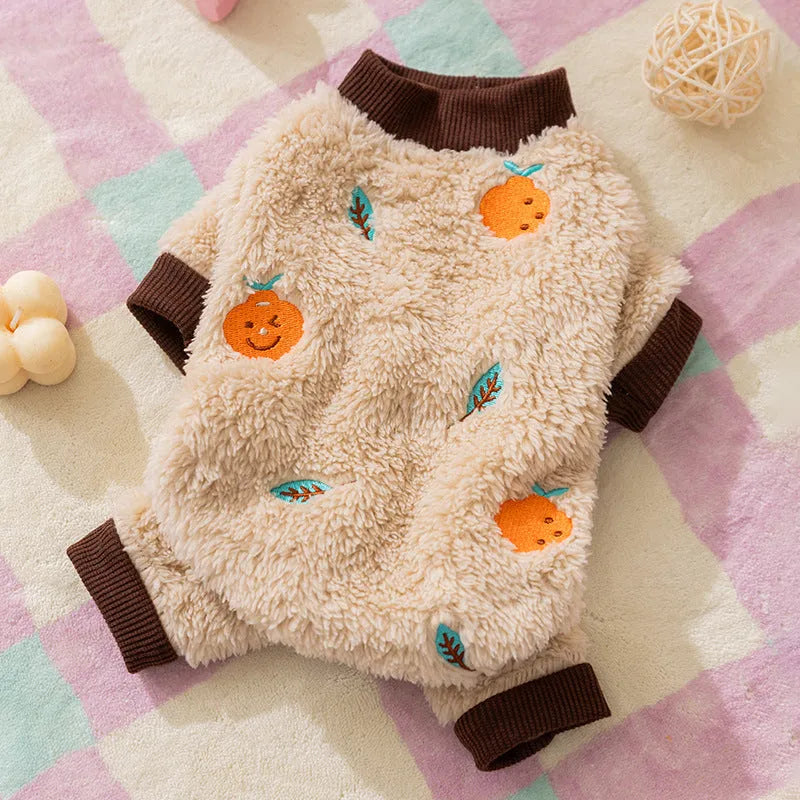 Fleece four-legged pet onesie with fruit embroidery for small medium dogs cats, brown with orange design