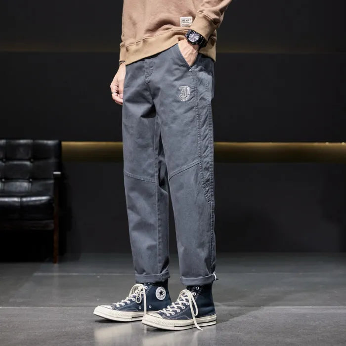 Men's casual retro straight leg trousers in khaki, cotton and bamboo fiber blend, zip fly, high waist