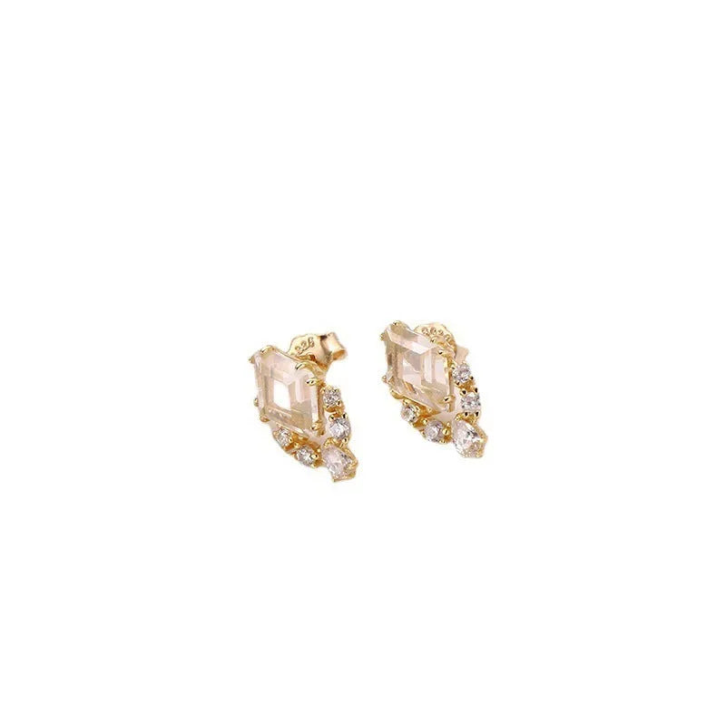 Simple geometric natural white crystal earrings in 925 silver with electroplated finish