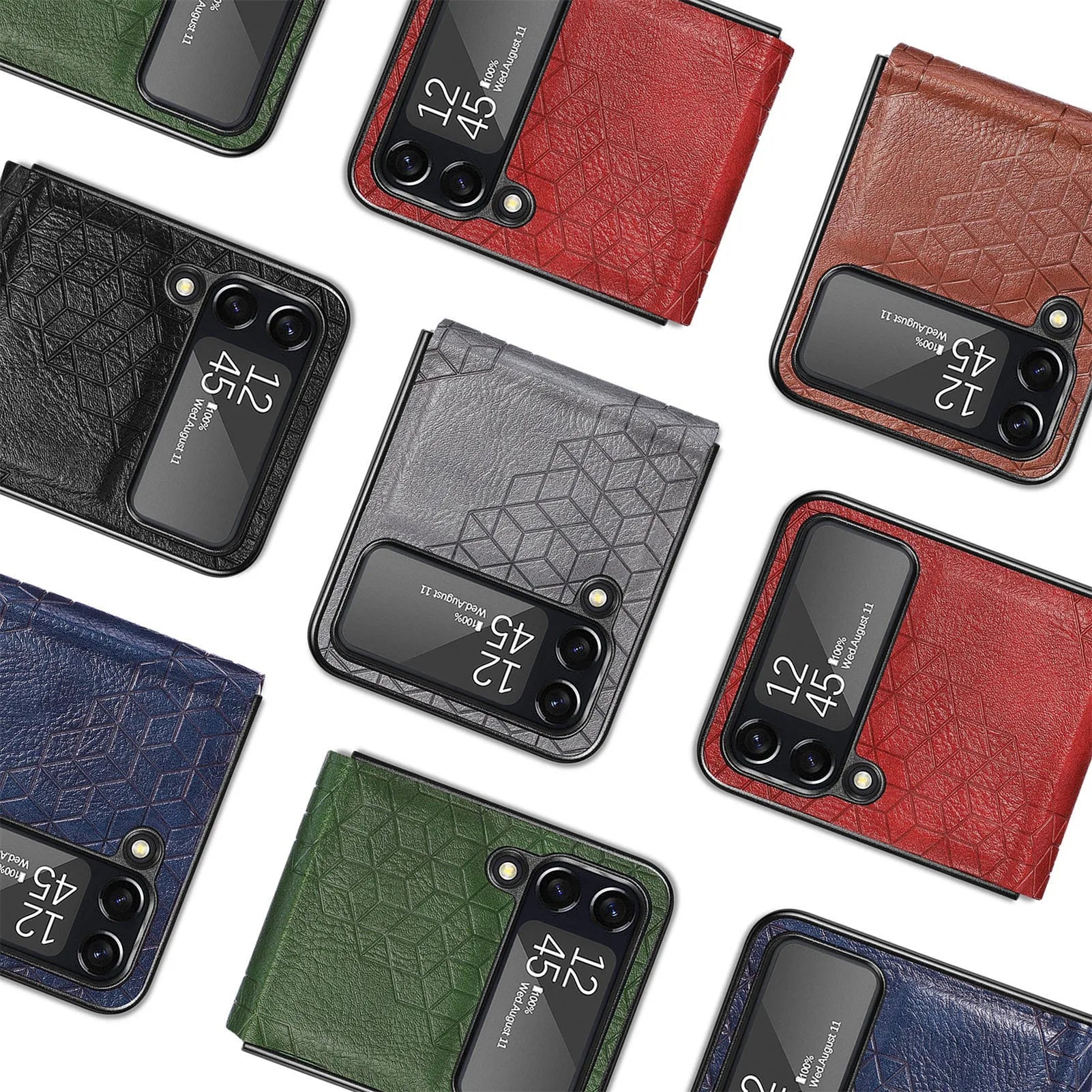 Samsung Z Flip 4 PU leather back cover with rhombus pattern in black, brown, blue, green, and red