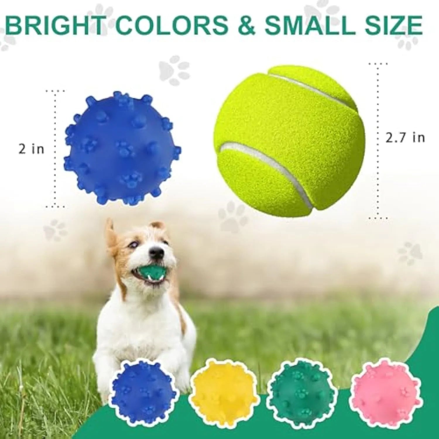 Set of four brightly coloured spiked dog balls with paw print dimples, each 5 cm in diameter