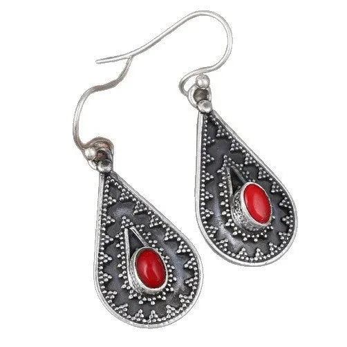 Silver drop earrings with red pine gemstone detail in European style