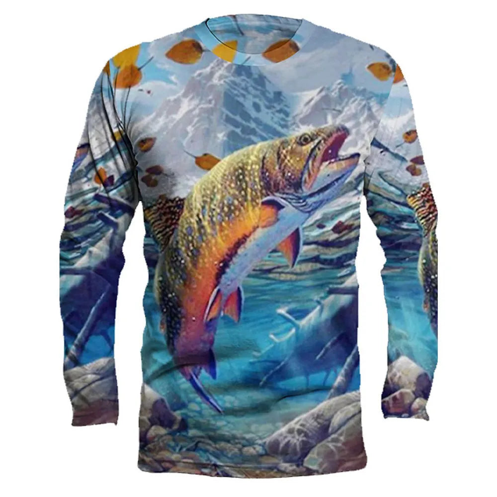 Men's grey round neck pullover with a large colourful fish graphic print on the front.