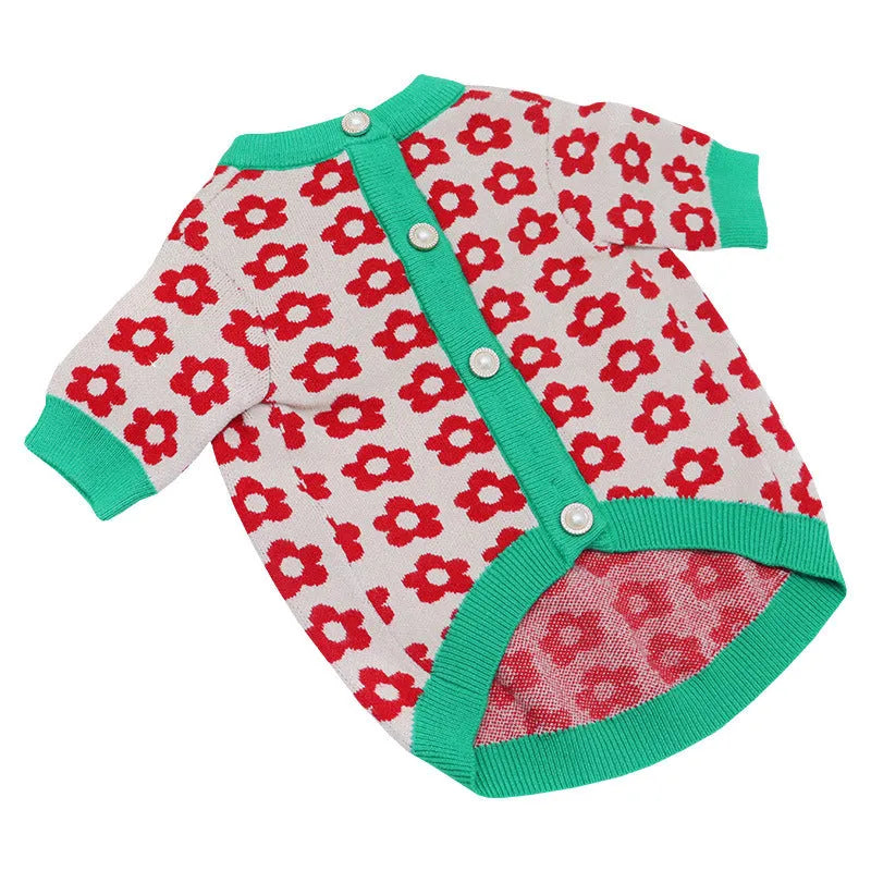 Cartoon design wool dog sweater with button front in rabbit, pig, strawberry, or flower patterns