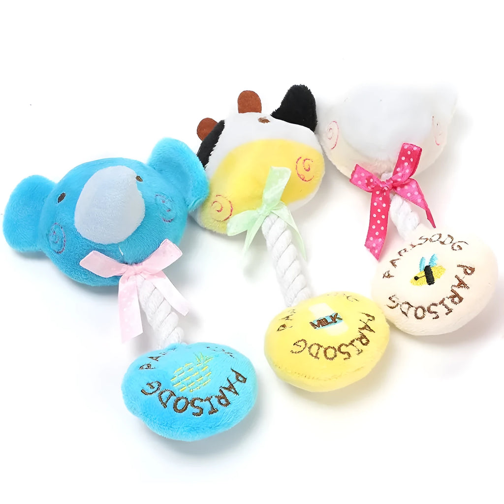 Plush dog toy with cotton rope and sound device in animal designs