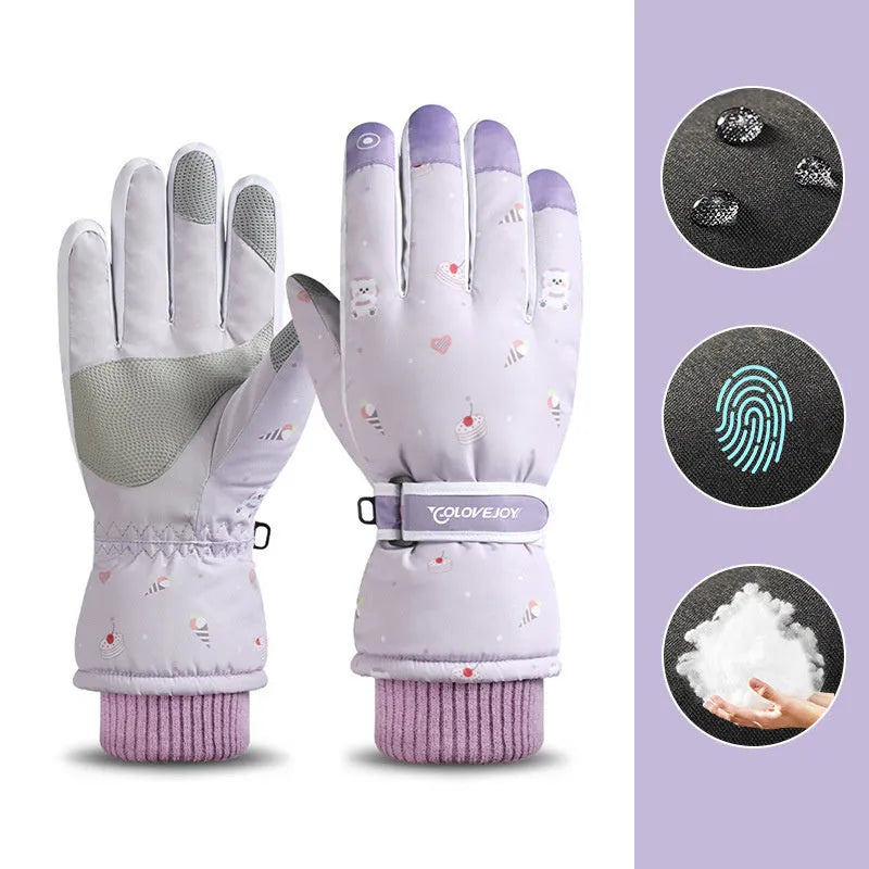 Snowflake cartoon print winter gloves, touchscreen and waterproof, one size, nylon with anti-skid palm