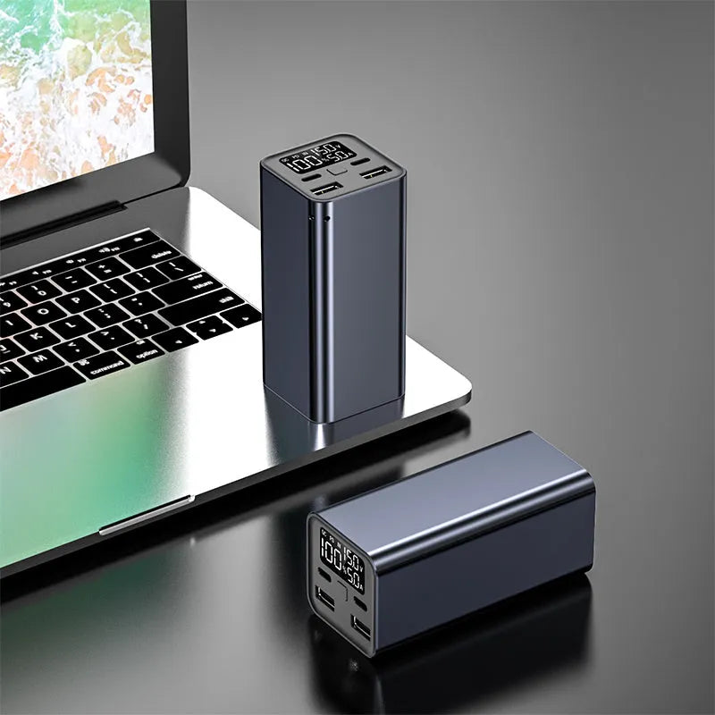 Super Fast 65W metal charging bank with 20000mAh capacity in black, blue, or grey colours.