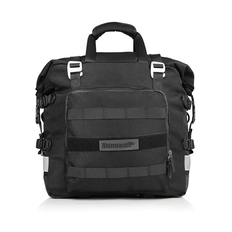 Black 20L quick release motorcycle side bag mounted on a bike.