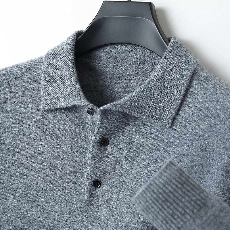 Men's grey wool pullover sweater with a polo collar and long sleeves on a hanger.