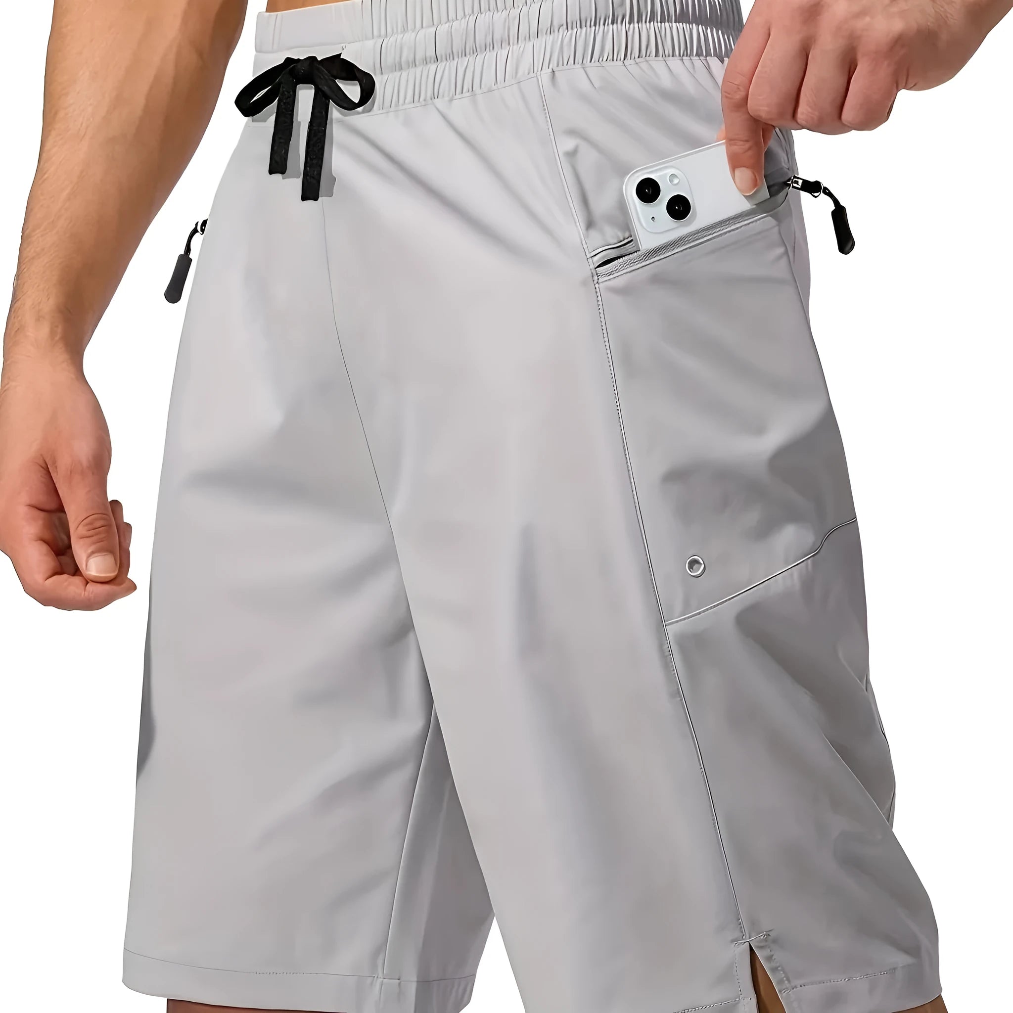Men's solid colour quick-drying beach shorts in straight-leg polyester fabric