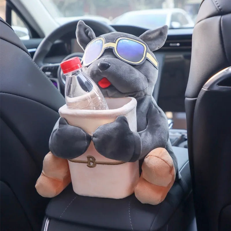 Plush car tissue box hanging on vehicle armrest with character design options