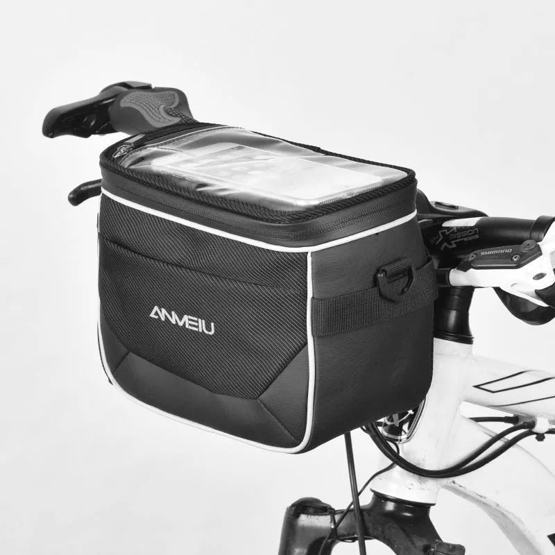Black 7-inch bicycle handlebar storage bag mounted on bike handlebars