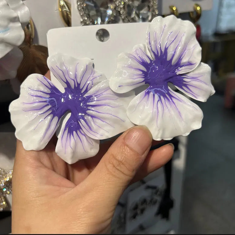 Pastoral style alloy flower stud earrings with oil-spot glaze finish in floral designs