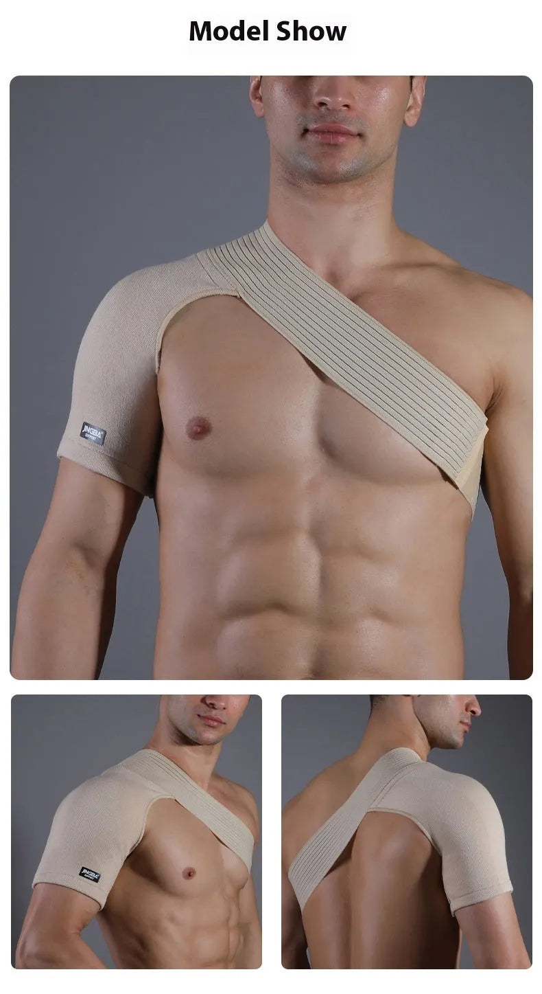 Adjustable free-size sports shoulder protective strap in skin colour for weightlifting and outdoor activities.
