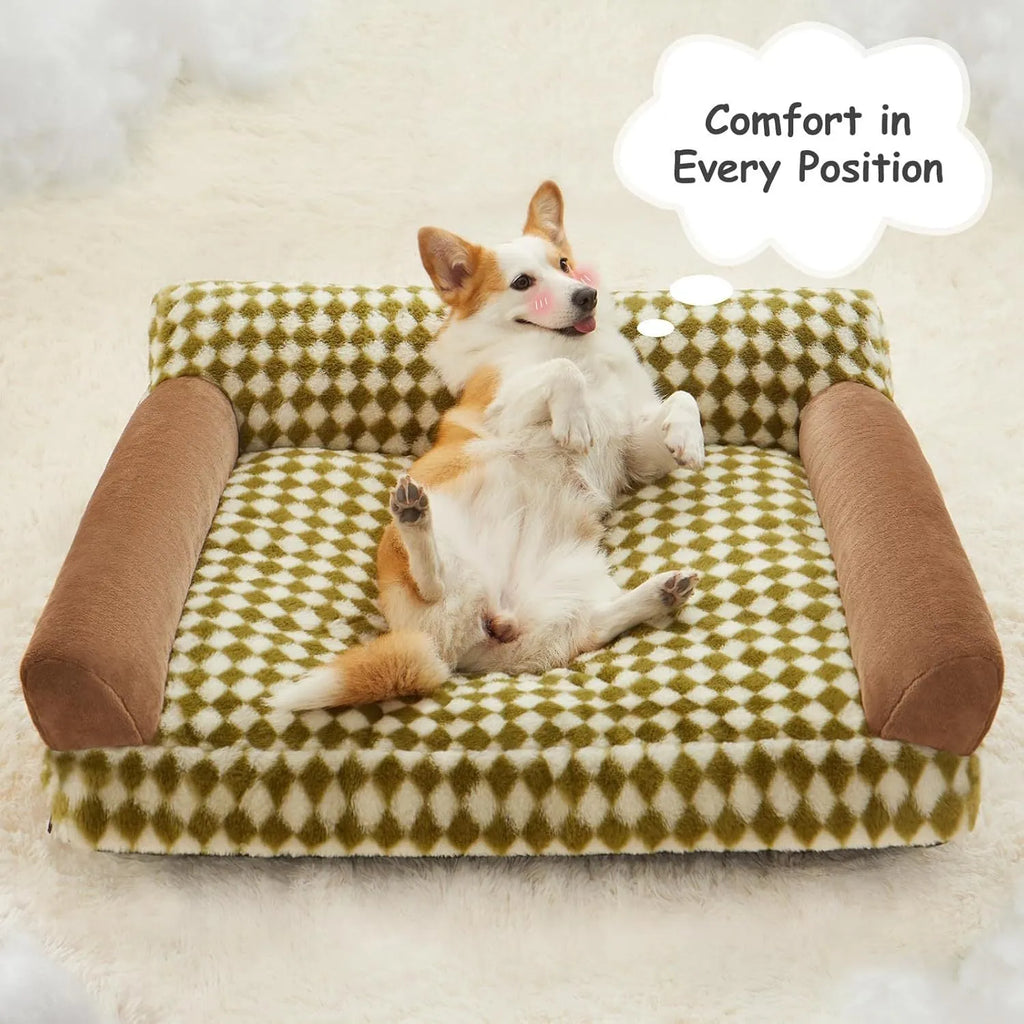 Grey checkered washable pet couch bed for small cat or dog on a wooden floor.