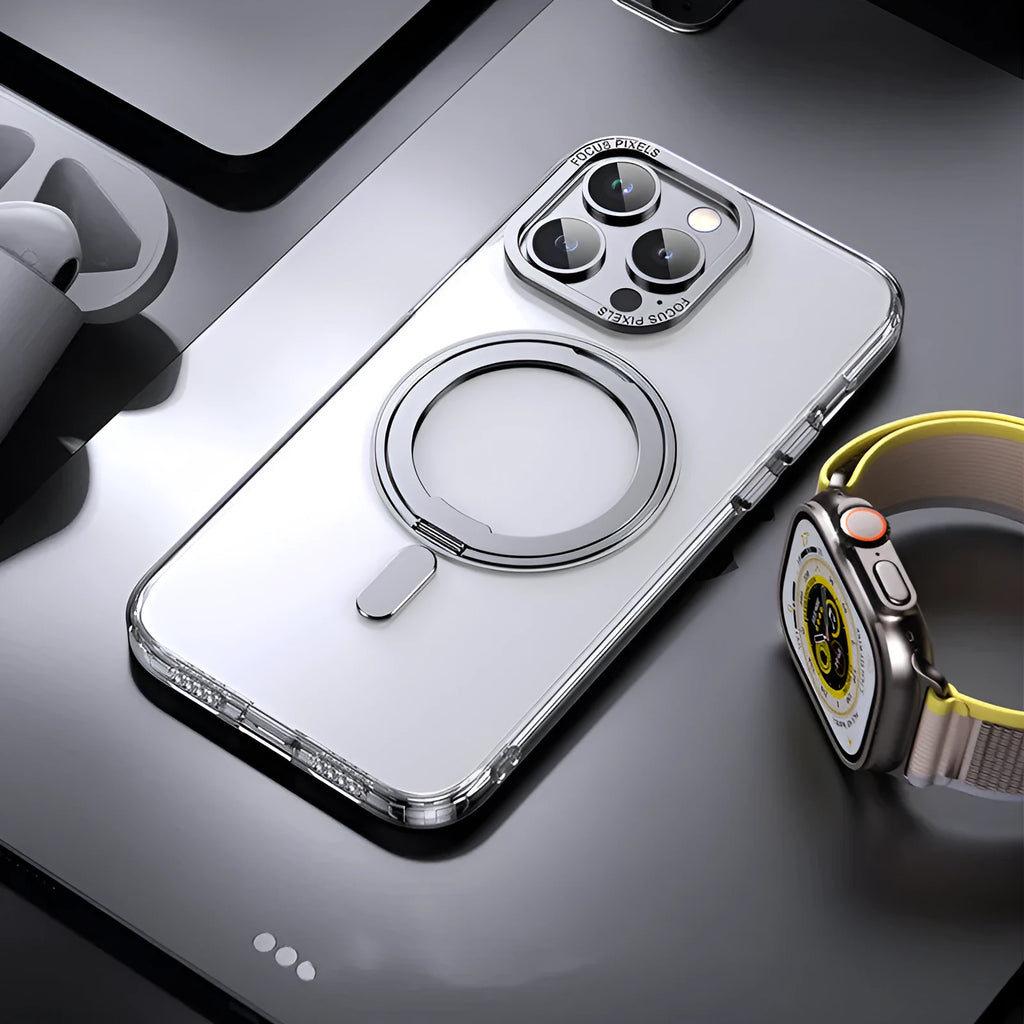 Transparent magnetic shockproof phone case for iPhone on a metallic surface.