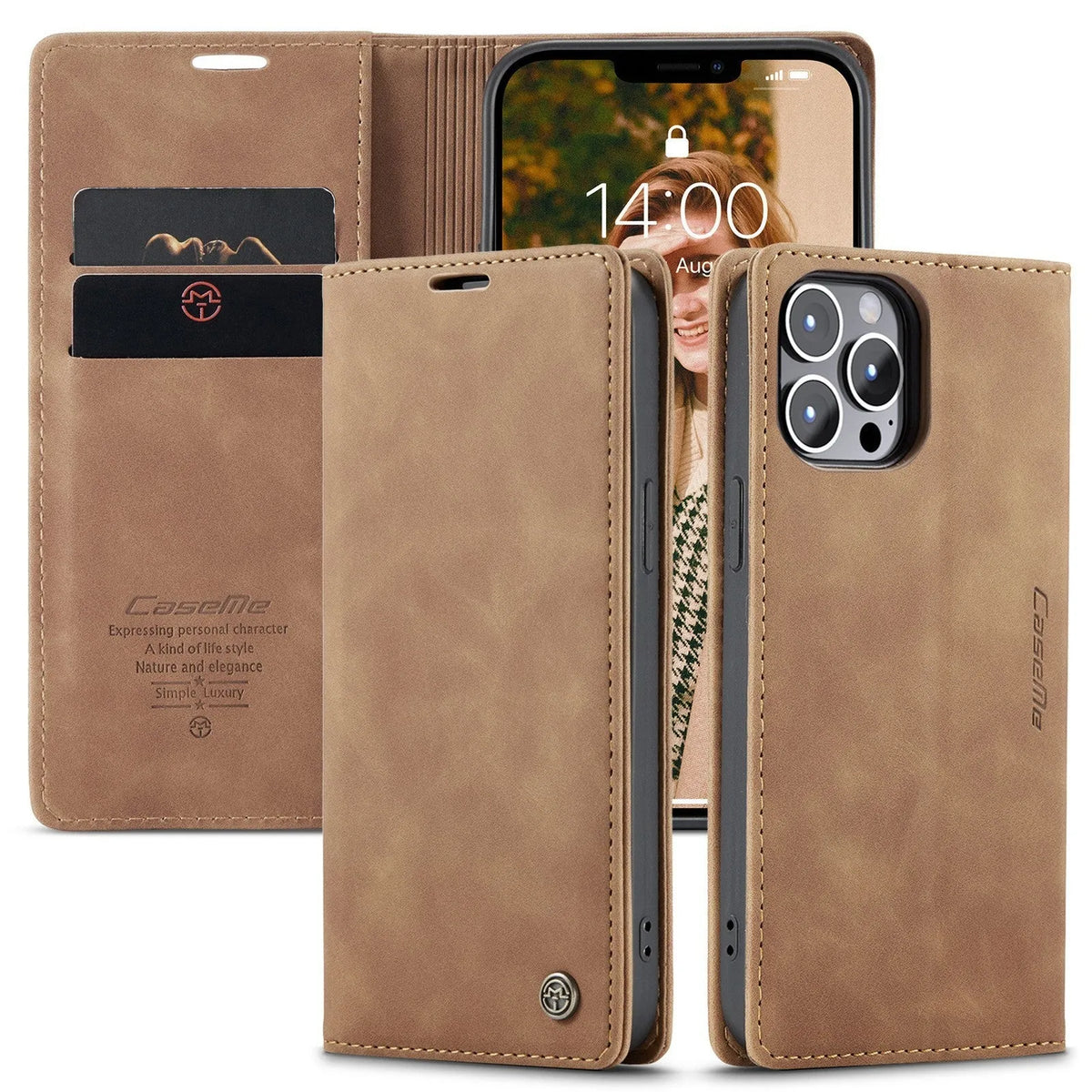 Imitation leather magnetic flip phone case with card holder for iPhone 14 in black