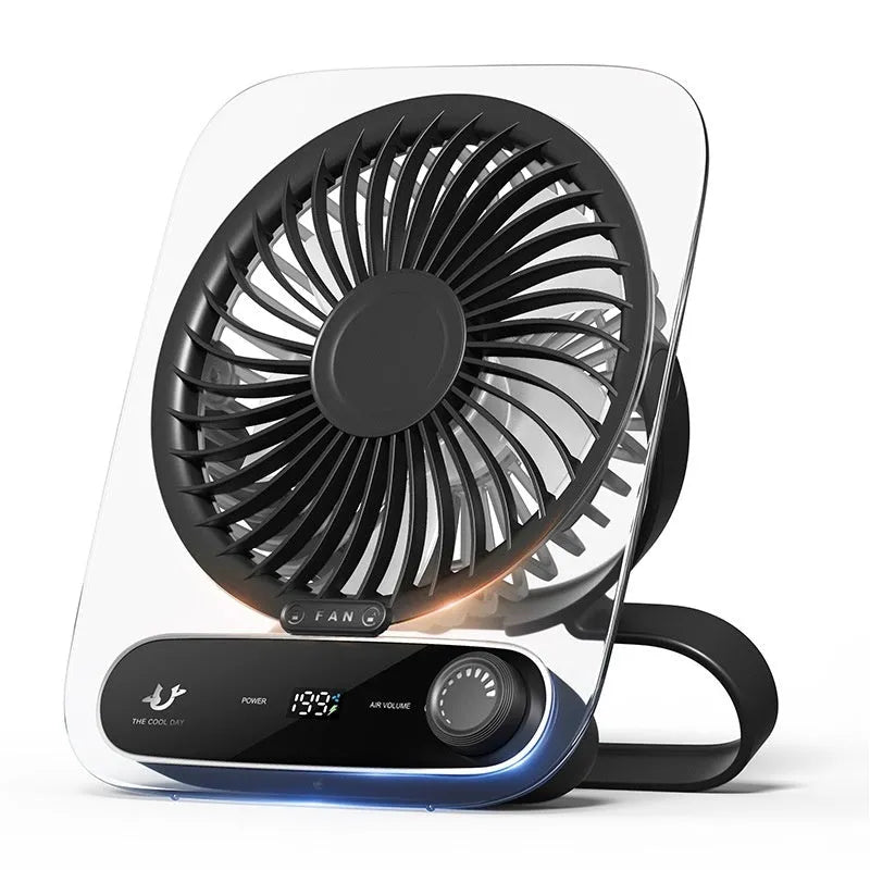 Ultra-thin desktop digital display fan with night lamp in Ling transparent white, plastic blade, USB charging, 3000mAh battery