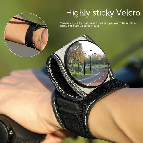 Black bicycle wrist rear-view mirror with adjustable nylon fixture for cycling safety