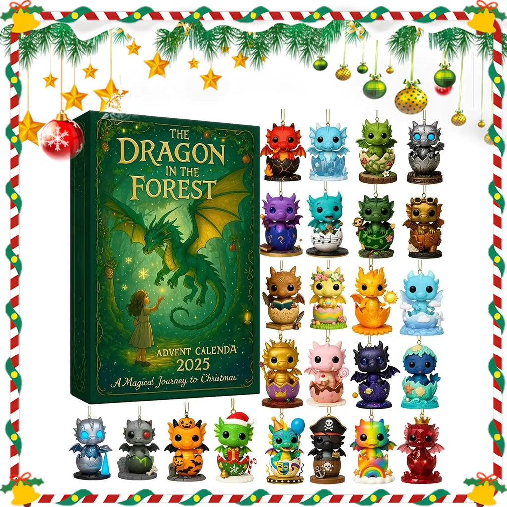 Forest Dragon advent calendar 26x18cm with printed acrylic pendants hanging on a wall