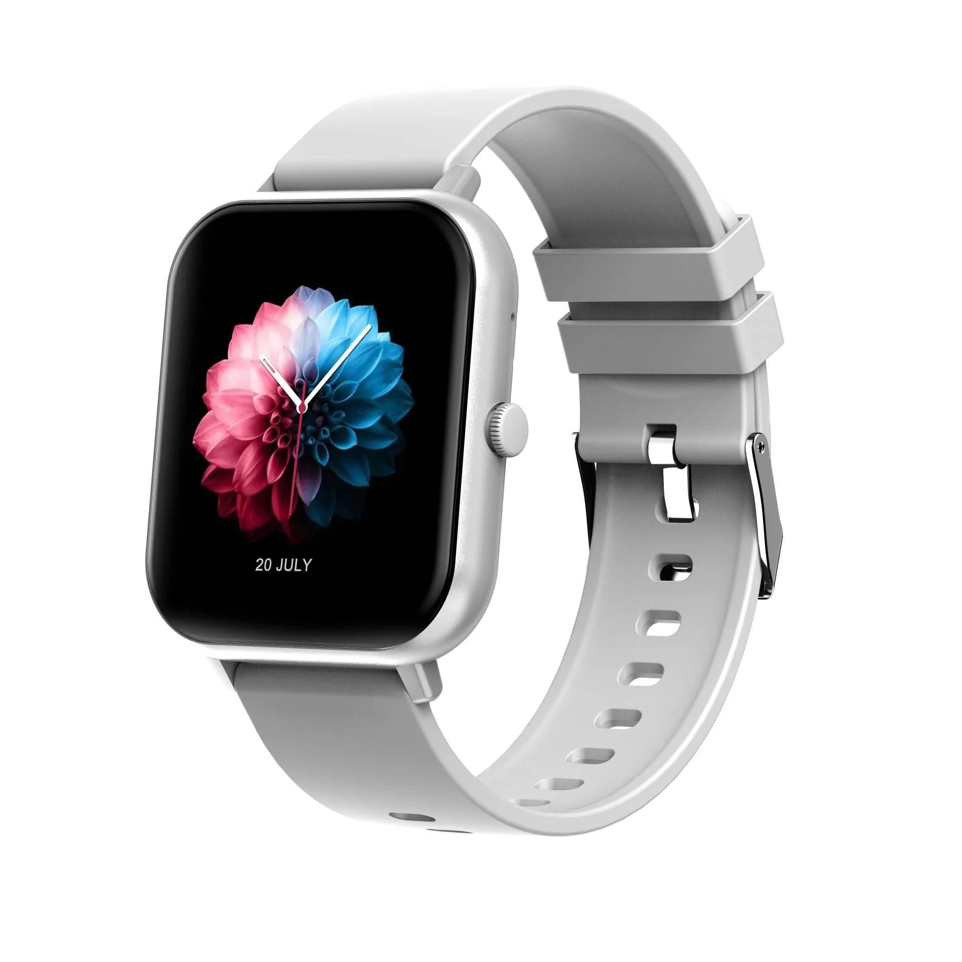 Bluetooth smart watch with heart rate monitoring and AI voice assistant in black, pink, or silver grey