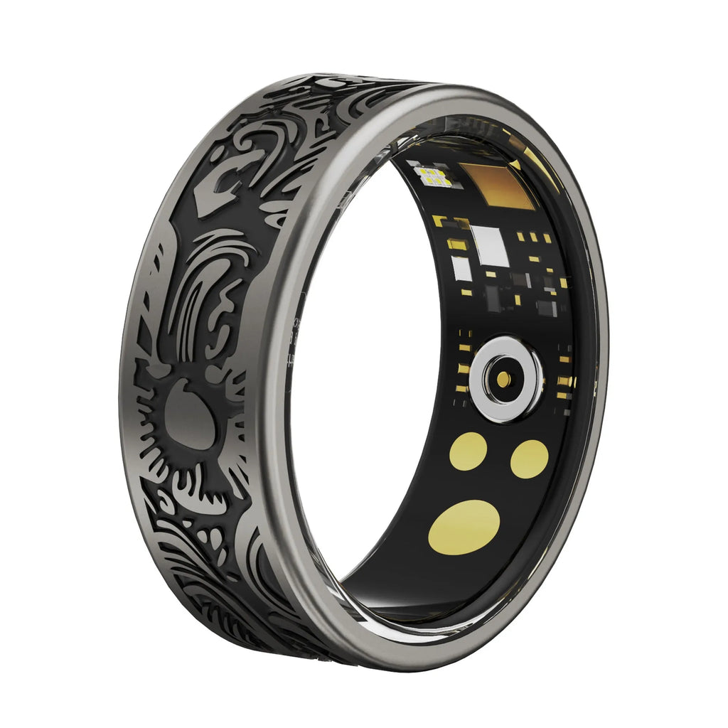 Retro black smart ring with stainless steel finish for heart rate and blood pressure monitoring