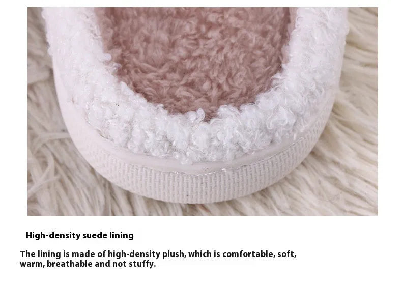 White fluffy cartoon slippers with a non-slip rubber sole and toe holder design