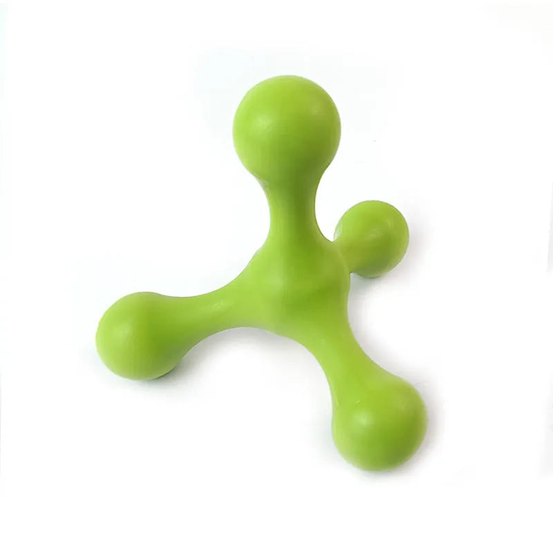Blue silicone three-legged chew toy for puppies on a white background.