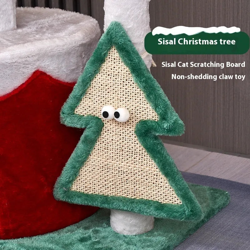 Cat scratch integrated toy with Christmas colours in red, green and white on density plate material