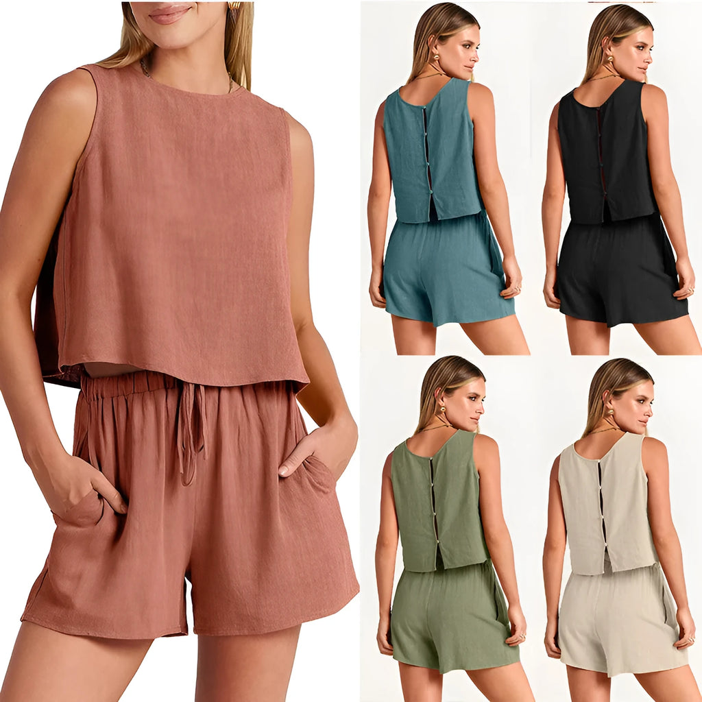 Women's summer two-piece set with sleeveless top and drawstring shorts in rayon linen blend