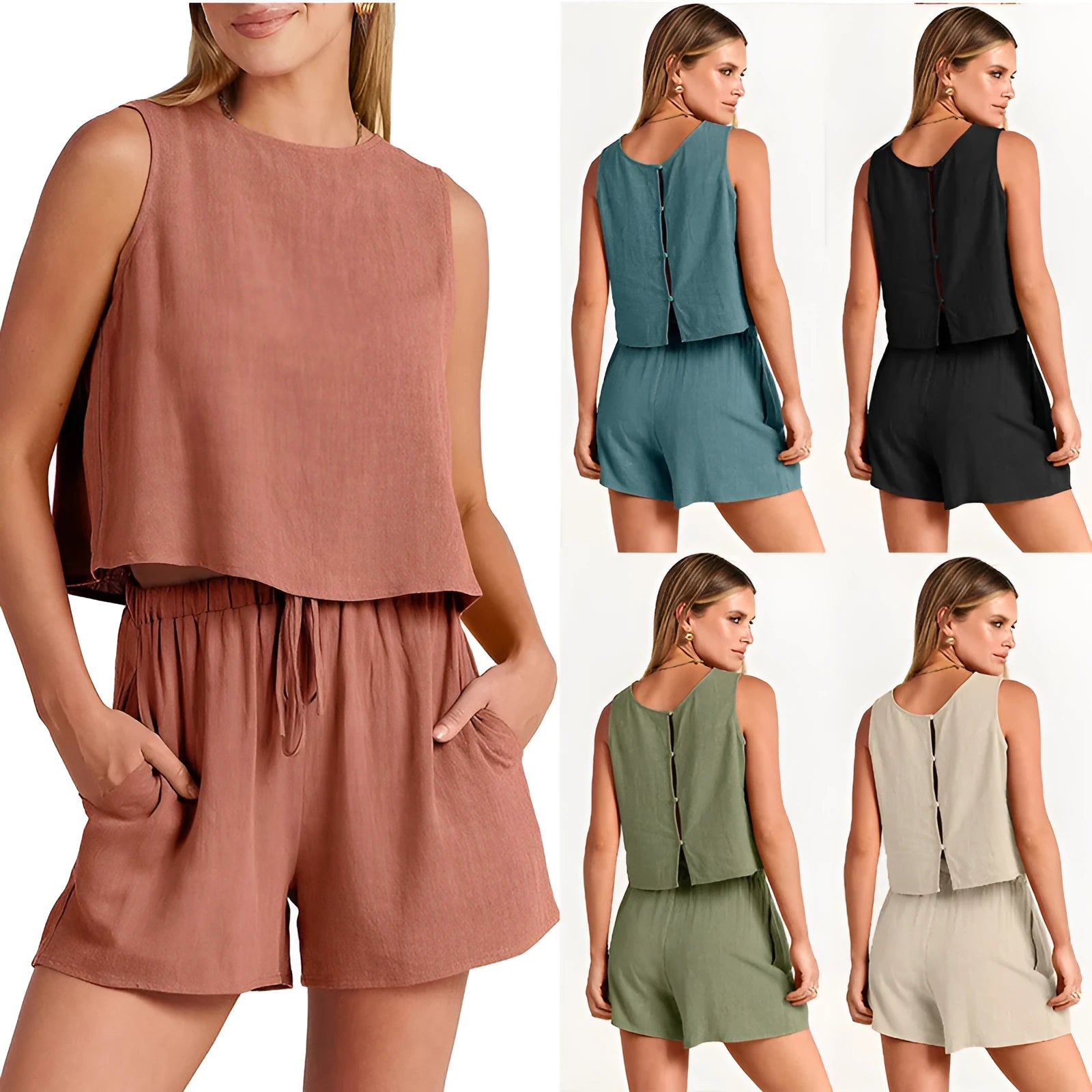 Women's summer two-piece set with sleeveless top and drawstring shorts in rayon linen blend