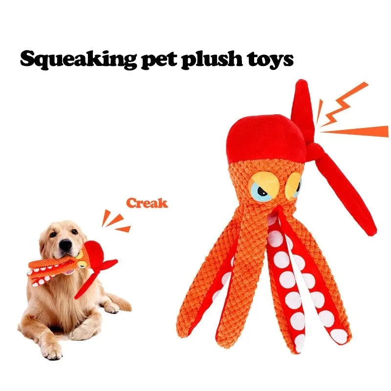 Orange octopus plush dog toy with dental cleaning texture and tentacle design