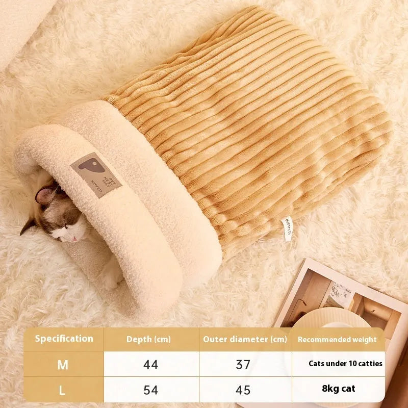 Brown semi-enclosed pet sleeping bag with lambswool warming layer for cats