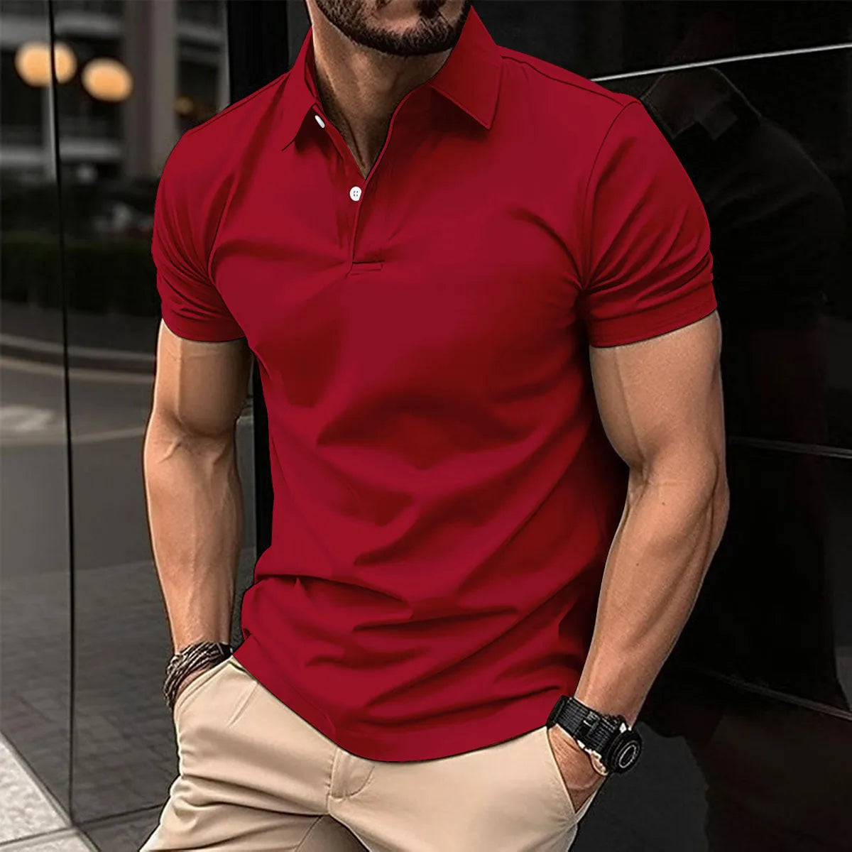Men's short sleeve polo shirt with button lapel collar in a solid colour.